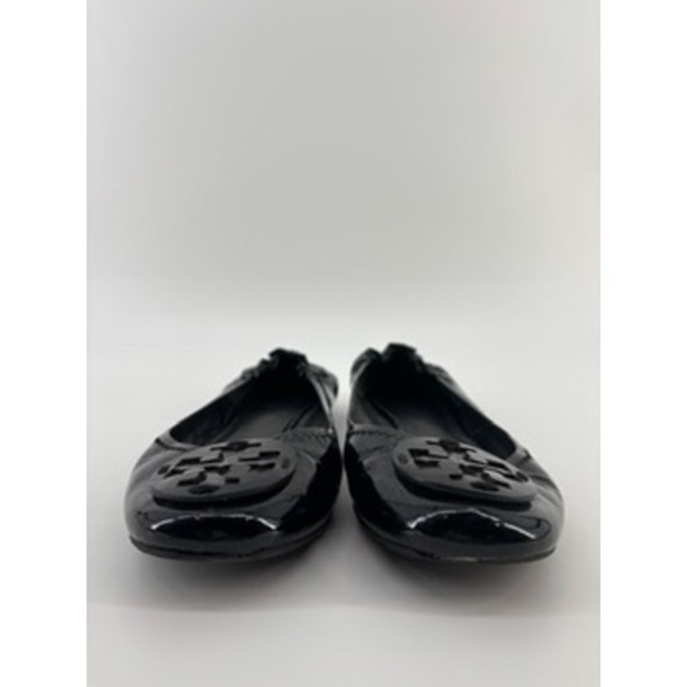 Tory Burch Minnie Travel Ballet Flats Black Patent Leather Logo Shoes Size 8